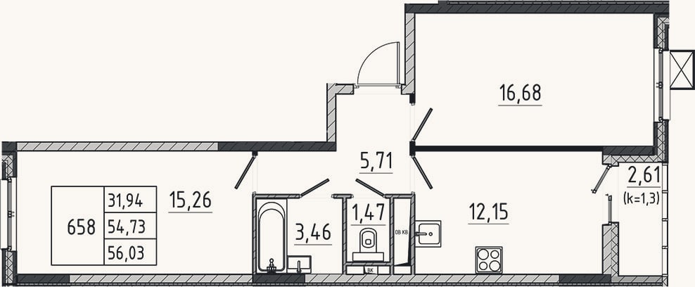 Планировка: 2-к, 54,7 м²