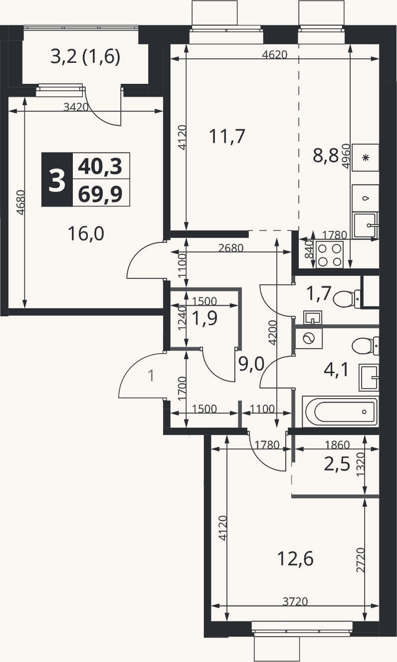 Планировка: 3-к, 68,3 м²