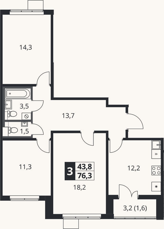 Планировка: 3-к, 75,7 м²