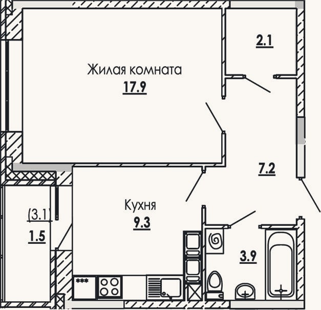 Планировка: 1-к, 40,4 м²