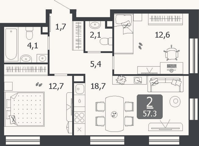 Планировка: 3-к, 57,3 м²