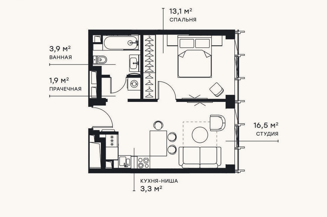 Планировка: 2-к, 38,6 м²
