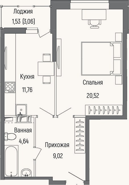 Планировка: 1-к, 45,9 м²