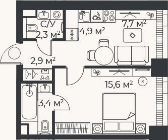Планировка: 2-к, 36,8 м²