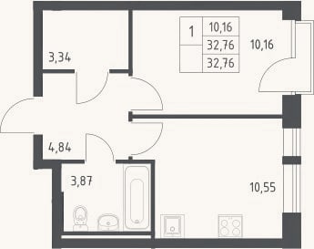 Планировка: 1-к, 32,8 м²