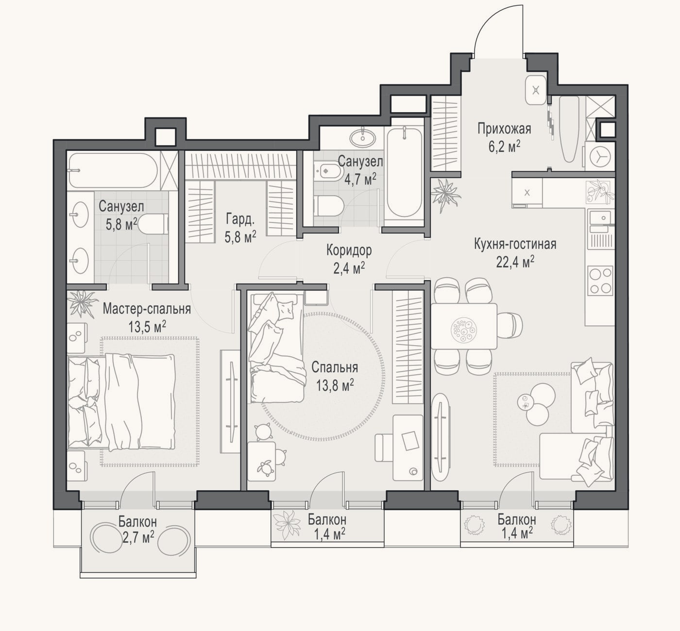 Планировка: 3-к, 74,7 м²