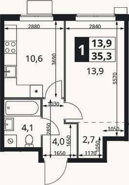 Планировка: 1-к, 35,3 м²