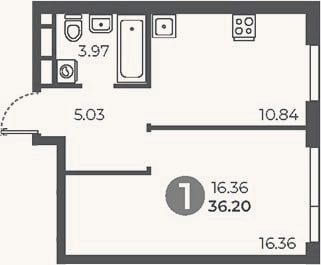 Планировка: 1-к, 36,2 м²