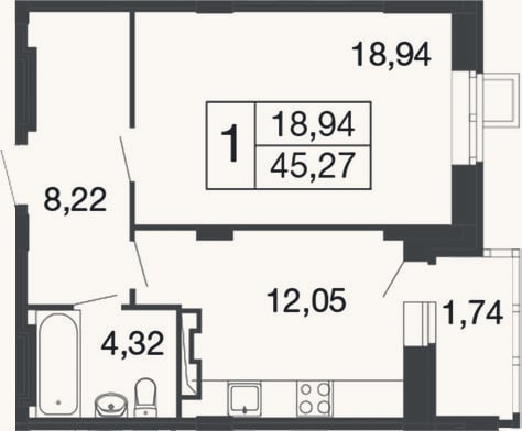 Планировка: 1-к, 43,5 м²