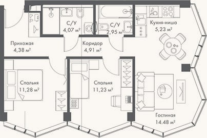 Планировка: 3-к, 58,5 м²