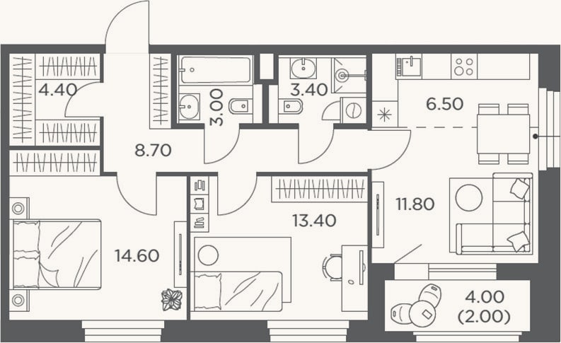 Планировка: 3-к, 66,2 м²