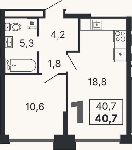 Планировка: 1-к, 40,7 м²