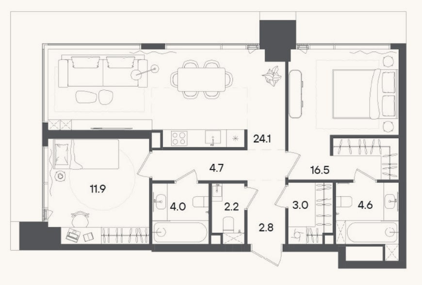 Планировка: 3-к, 73,8 м²
