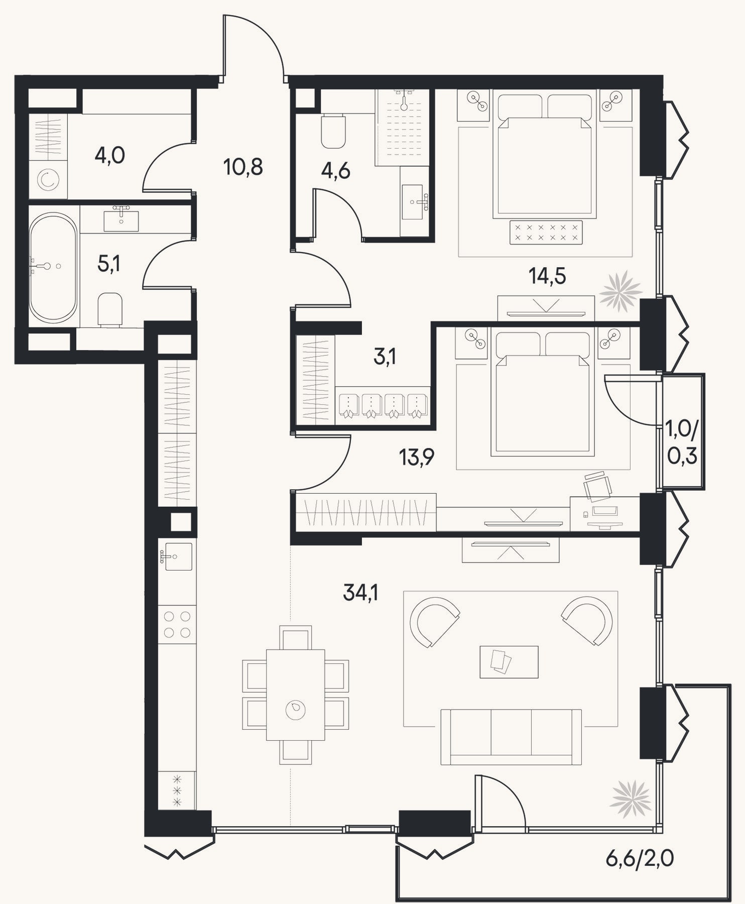 Планировка: 3-к, 90,1 м²