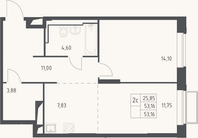 Планировка: 2-к, 53,2 м²