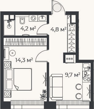 Планировка: 1-к, 33,1 м²