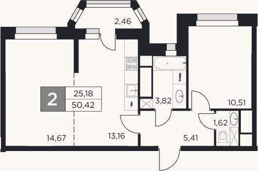 Планировка: 2-к, 49,2 м²