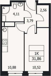 Планировка: 1-к, 31,9 м²