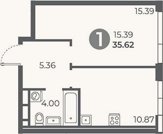 Планировка: 1-к, 35,6 м²