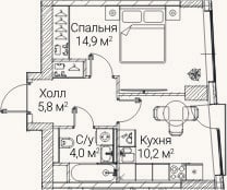 Планировка: 1-к, 34,9 м²