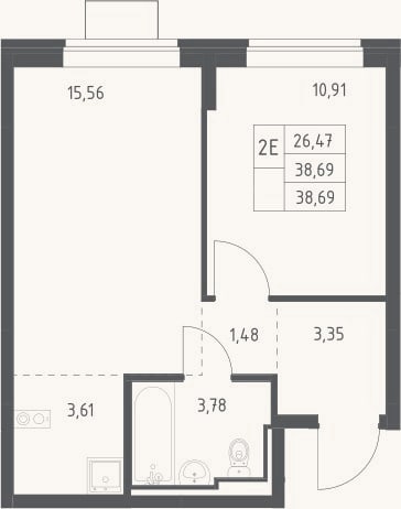 Планировка: 2-к, 38,7 м²