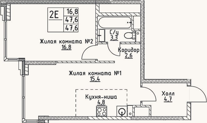 Планировка: 2-к, 47,6 м²