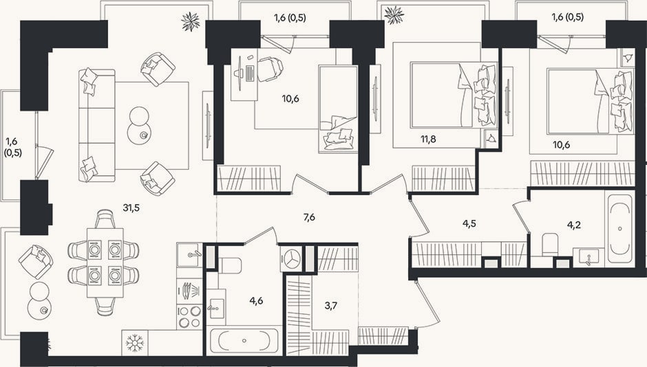 Планировка: 4+ к, 89,1 м²