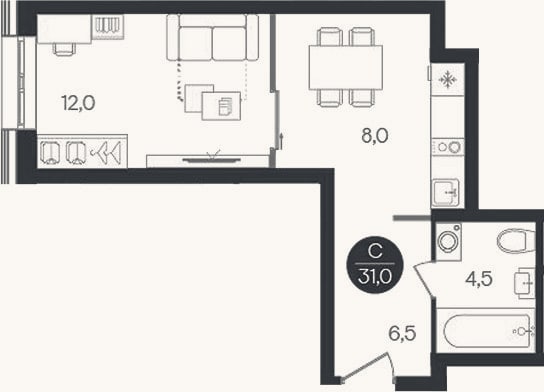 Планировка: Студия, 31 м²