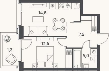 Планировка: 2-к, 38,5 м²
