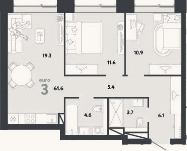 Планировка: 3-к, 61,6 м²