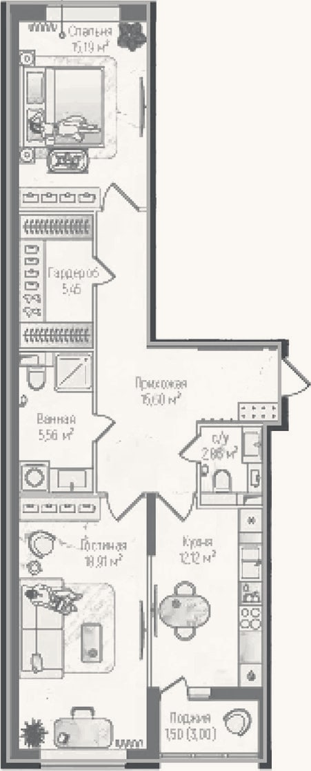 Планировка: 2-к, 74,2 м²