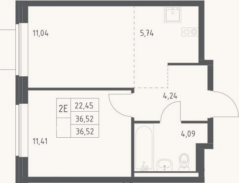 Планировка: 2-к, 36,5 м²