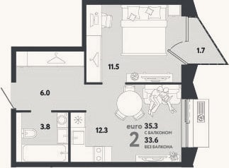 Планировка: 2-к, 33,6 м²