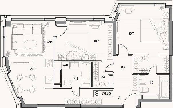 Планировка: 3-к, 79,7 м²