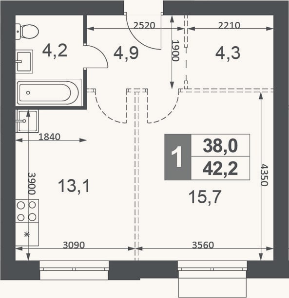Планировка: 1-к, 42,2 м²