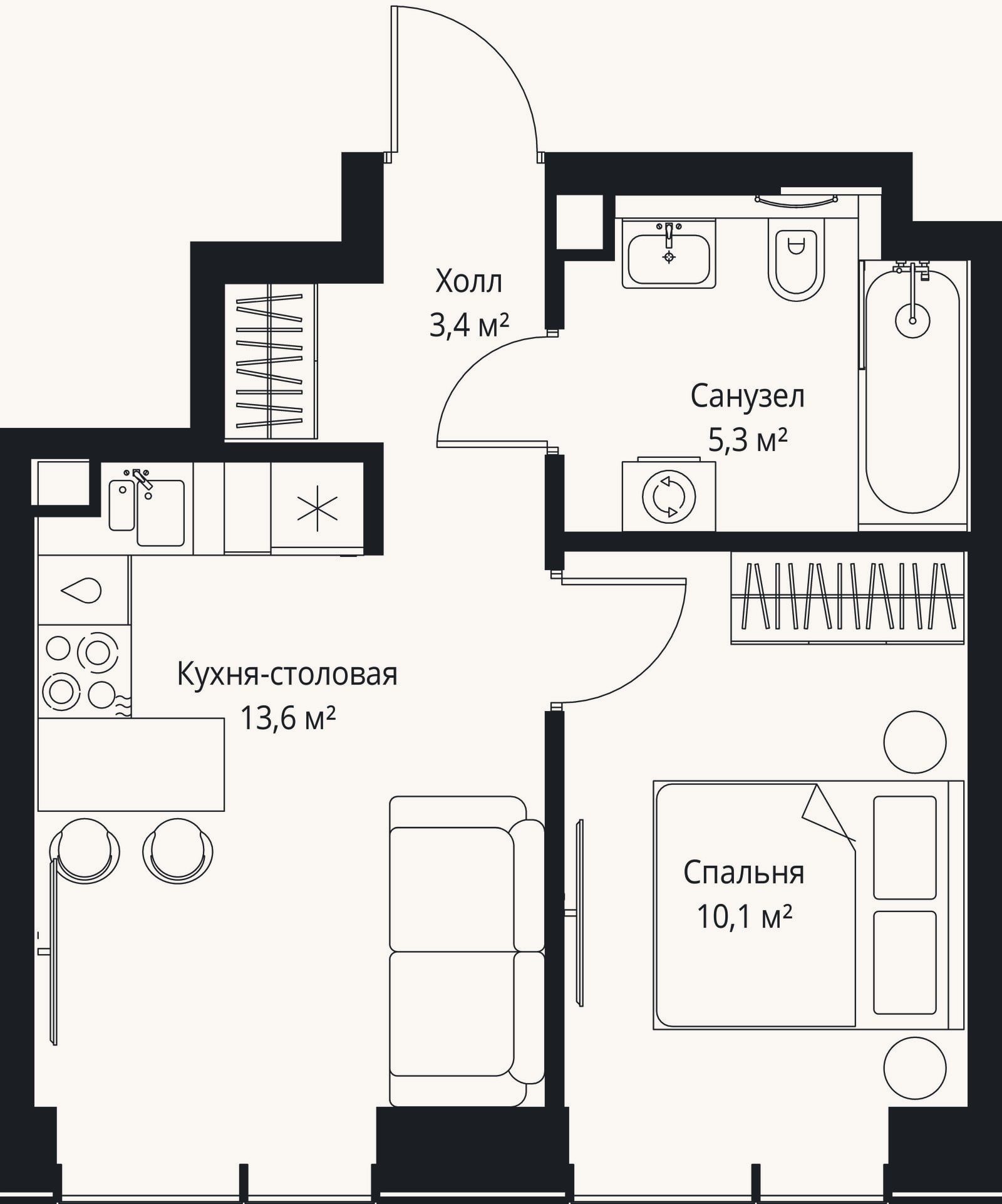 Планировка: 2-к, 32 м²