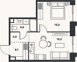 Планировка: 2-к, 38,3 м²