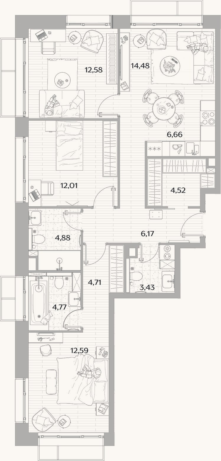 Планировка: 4+ к, 86,8 м²
