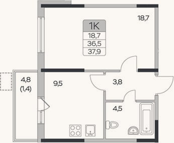 Планировка: 1-к, 36,5 м²