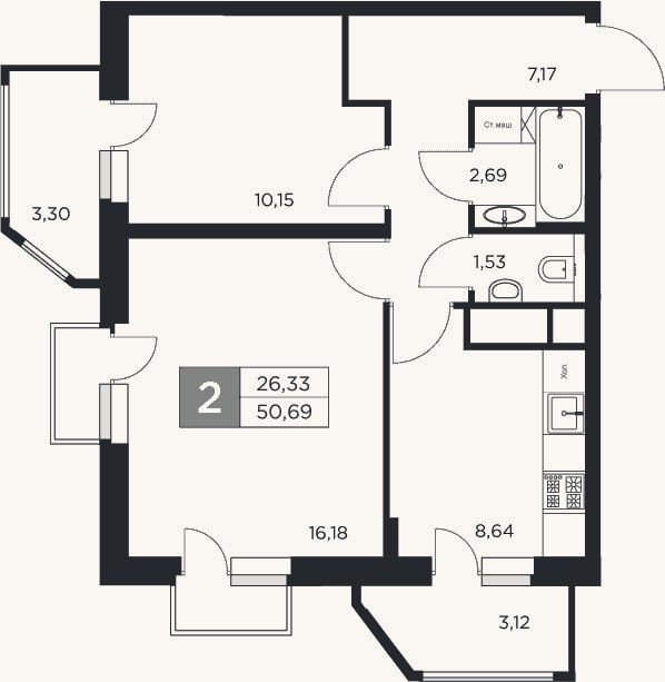 Планировка: 2-к, 46,4 м²