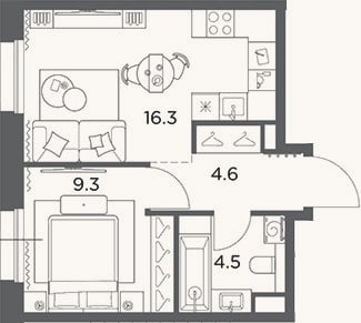 Планировка: 1-к, 34,7 м²