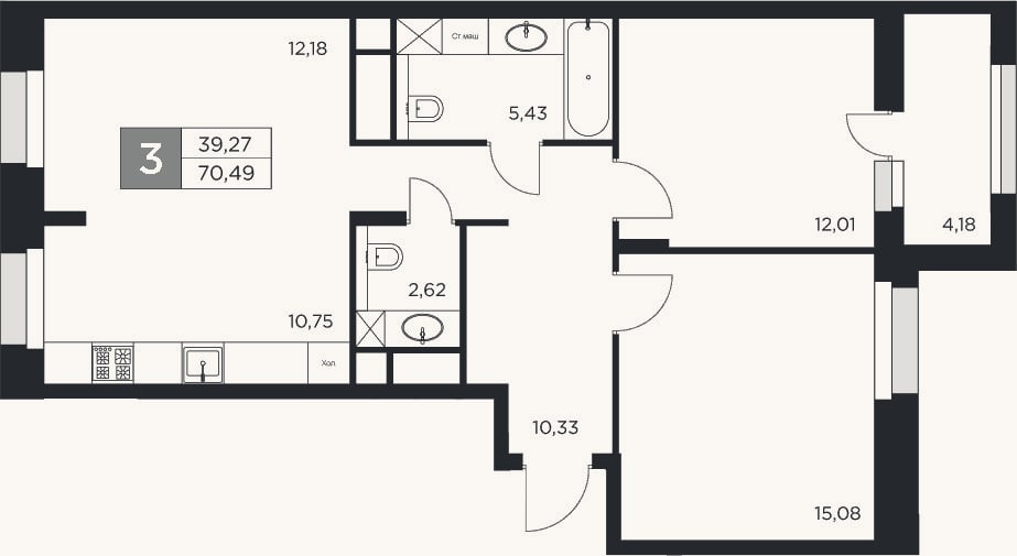 Планировка: 3-к, 68,4 м²