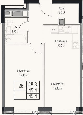 Планировка: 2-к, 45,4 м²