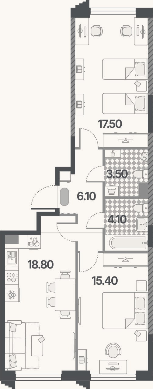 Планировка: 3-к, 65,4 м²