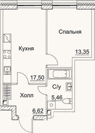 Планировка: 2-к, 42,9 м²