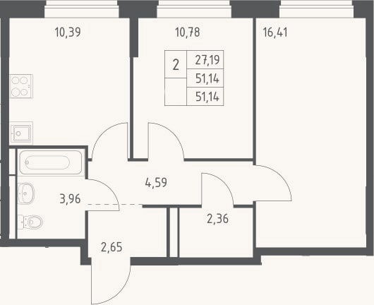 Планировка: 2-к, 51,1 м²