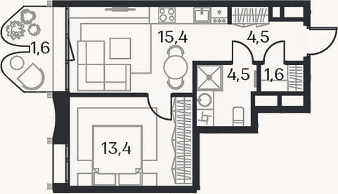 Планировка: 2-к, 39,4 м²