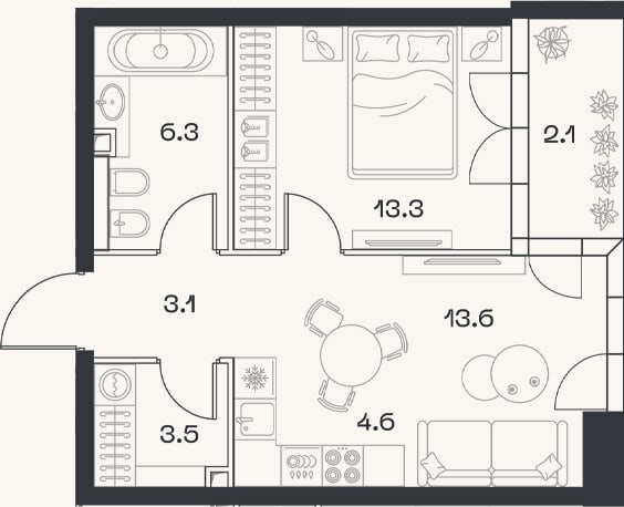 Планировка: 2-к, 44,4 м²