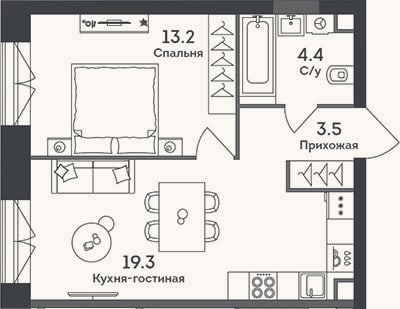 Планировка: 2-к, 40,4 м²