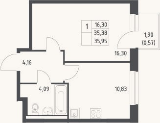 Планировка: 1-к, 35,4 м²